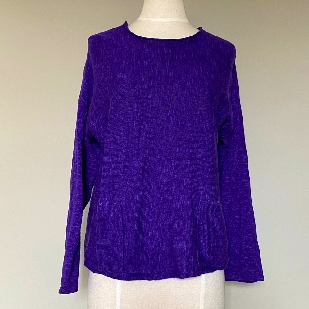 Eileen Fisher Rich Purple Organic Linen Slub Front Pocket Sweater, Small